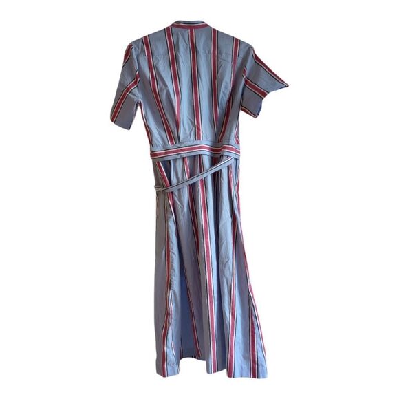 SANDRO Paris Mellow Stripe Blue Red Wrap Midi Shirt Dress Lace Inserts Size S - Picture 12 of 15